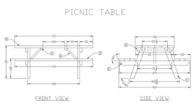 Houten picknicktafel langwerpig model van hout, bouwtekening.