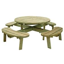 Ronde picknicktafel van hout met vier bankjes.