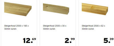 Prijzen van steigerhout bij de Gamma bouwmarkt.