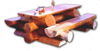 Picknick tafel met banken van boomstammen gemaakt.