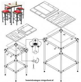Gratis voorbeeld op bouwtekening hoe je zelf barkrukken en tafels kunt maken met steigerhout steigerbuis en buisverbinders.