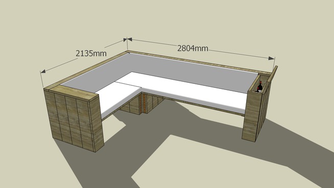 Hoekbank maken van steigerhout, loungeset op bouwtekening.