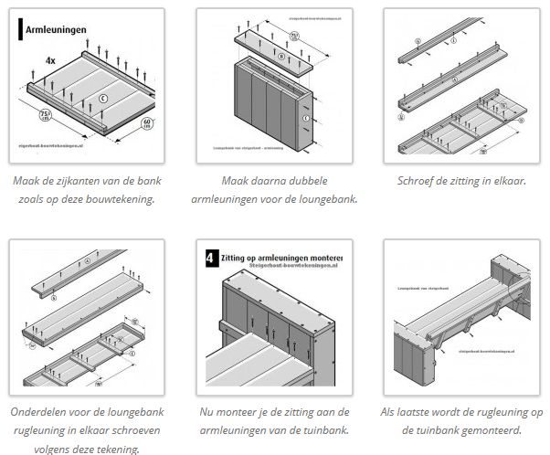 Maak de loungebank zelf van steigerhout met dit stappenplan op bouwtekening.