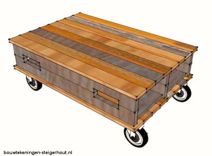 Deze pallettafel op wielen kan gemakkelijk worden gemaakt van twee pallets en vier zwenkwielen.