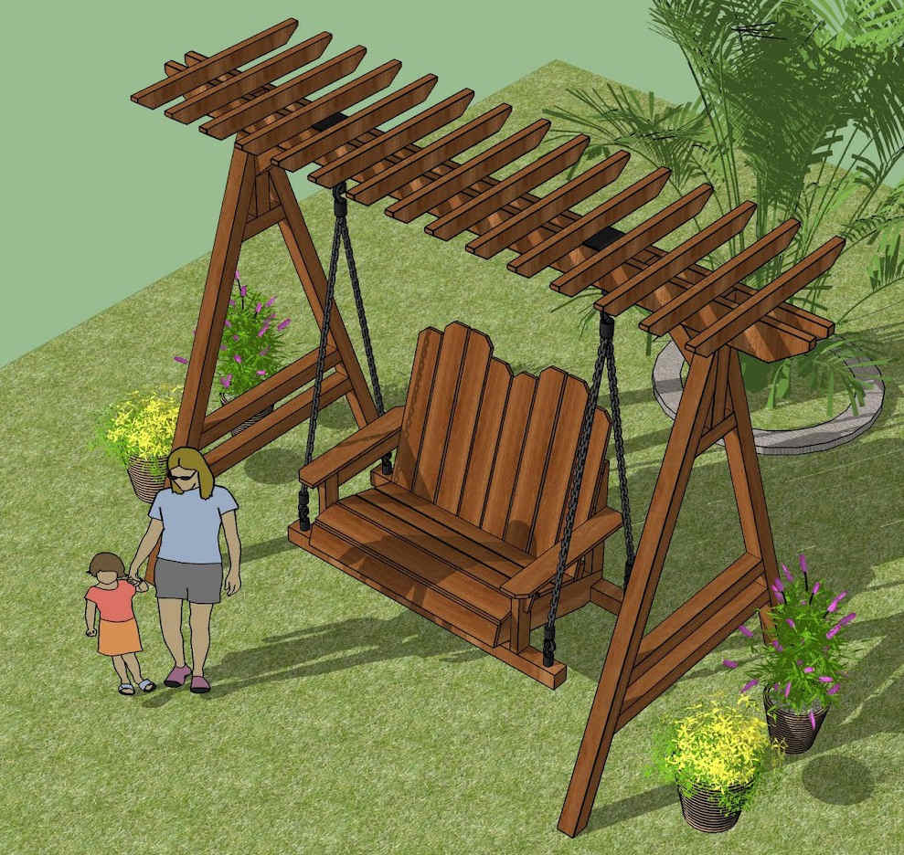 Houten tuin schommel bank bouwen met gratis bouwtekening.