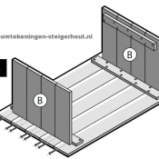 Tafel montage op bouwtekening, monteren van de drie panelen van steigerhout.