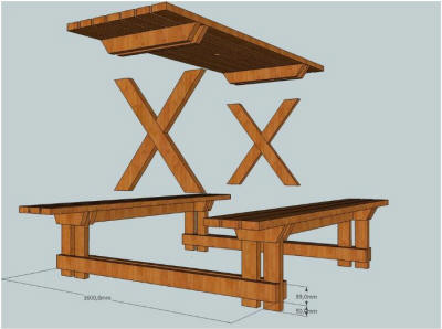 Montage van de picknickbankjes aan de houten tafel.